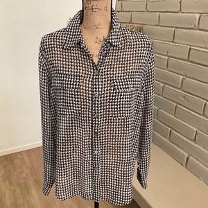 Vince Camuto Sheer Houndstooth Blouse medium button down career black neutral M
